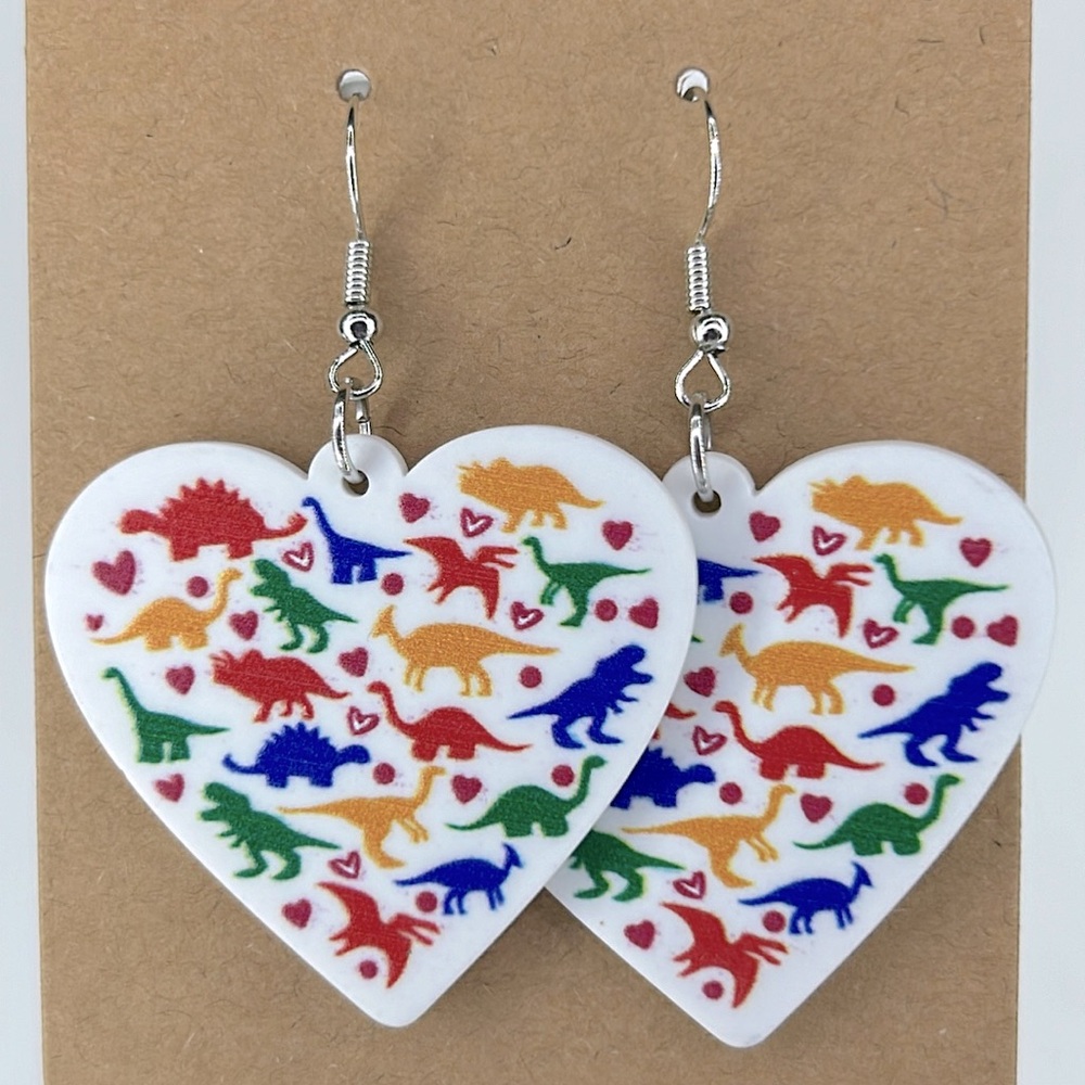 Acrylic Heart Shaped Dinosaur Print Dangle Earrings Fashion Jewelry - Picture 4 of 4